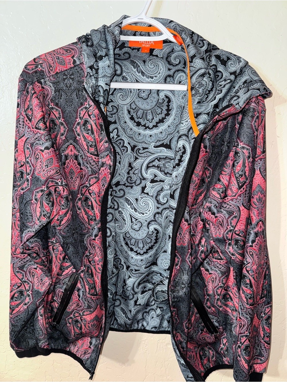 TALLIA Pink & Gray Paisley Hooded Bomber Jacket